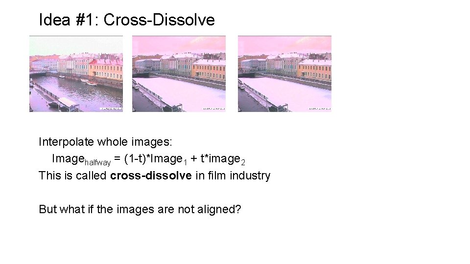 Idea #1: Cross-Dissolve Interpolate whole images: Imagehalfway = (1 -t)*Image 1 + t*image 2