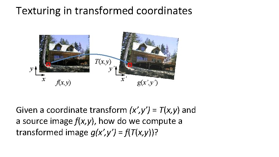 Texturing in transformed coordinates T(x, y) y’ y x f(x, y) x’ g(x’, y’)