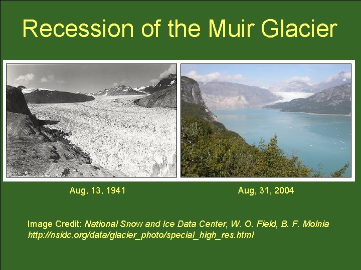 Recession of the Muir Glacier Aug, 13, 1941 Aug, 31, 2004 Image Credit: National