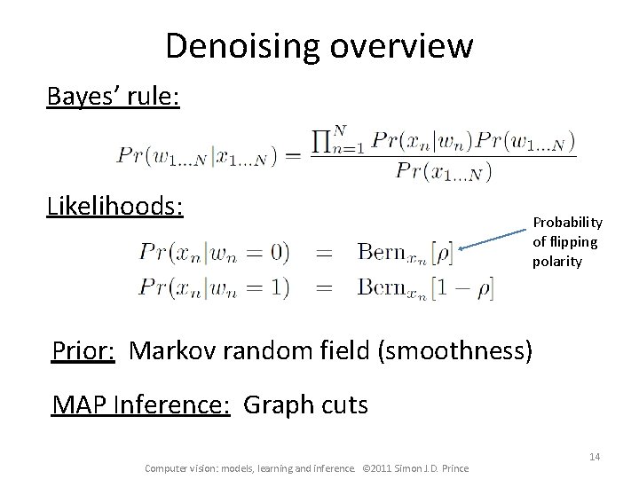 Denoising overview Bayes’ rule: Likelihoods: Probability of flipping polarity Prior: Markov random field (smoothness)