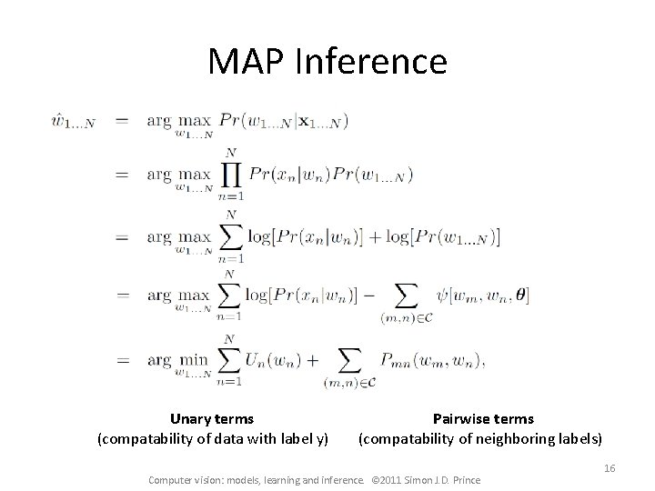 MAP Inference Unary terms (compatability of data with label y) Pairwise terms (compatability of