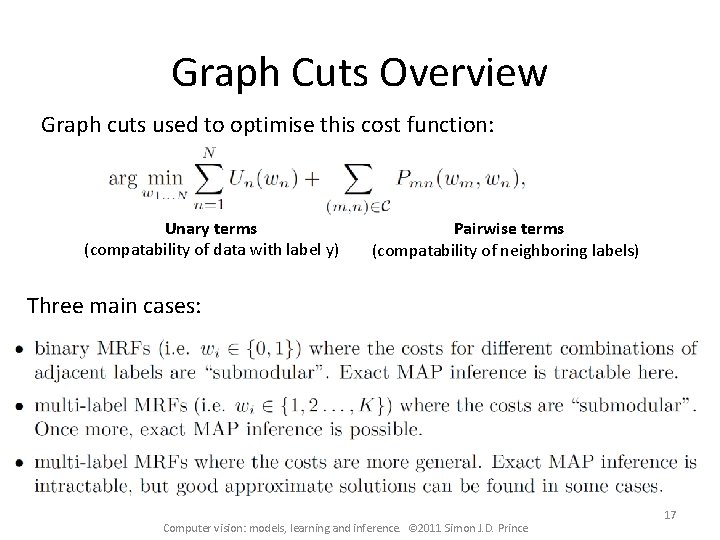 Graph Cuts Overview Graph cuts used to optimise this cost function: Unary terms (compatability