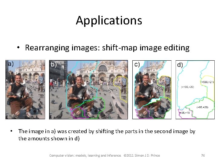Applications • Rearranging images: shift-map image editing • The image in a) was created