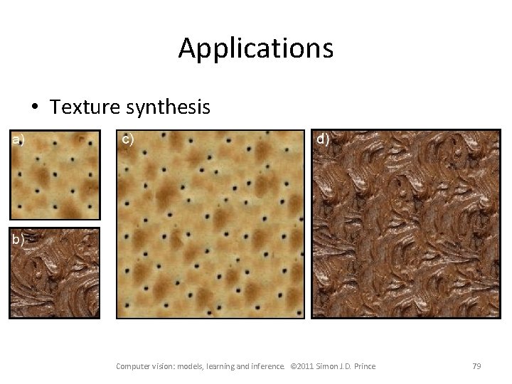 Applications • Texture synthesis Computer vision: models, learning and inference. © 2011 Simon J.