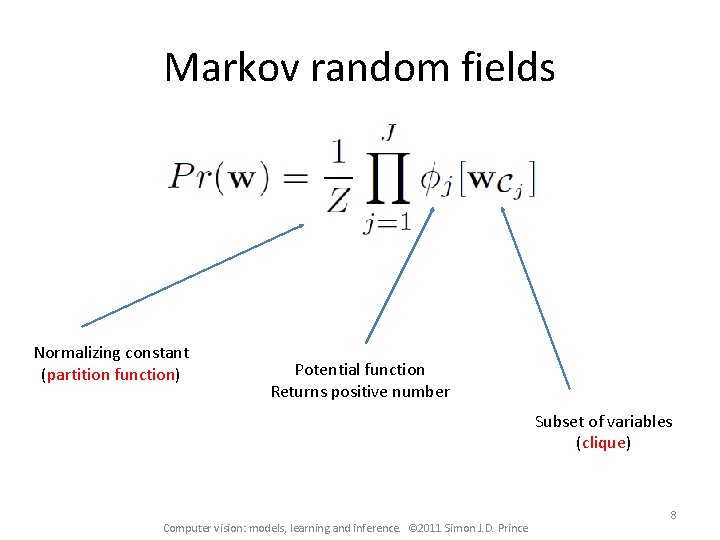 Markov random fields Normalizing constant (partition function) Potential function Returns positive number Subset of