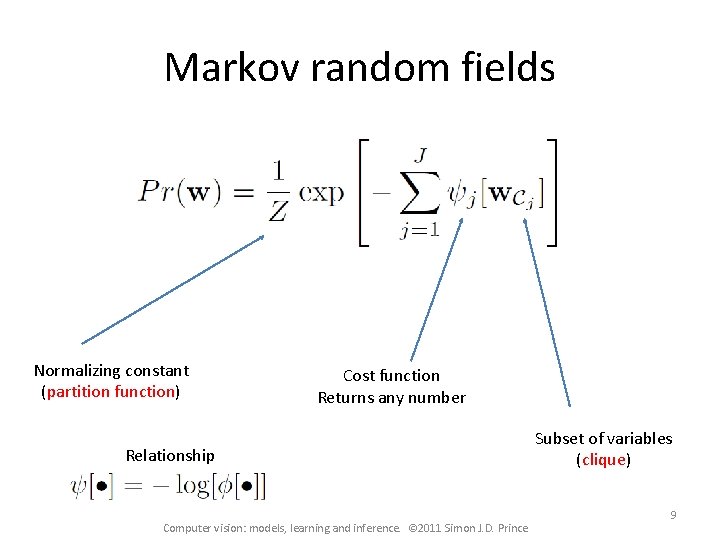 Markov random fields Normalizing constant (partition function) Cost function Returns any number Relationship Computer