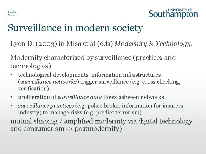 Surveillance in modern society Lyon D. (2003) in Misa et al (eds) Modernity &