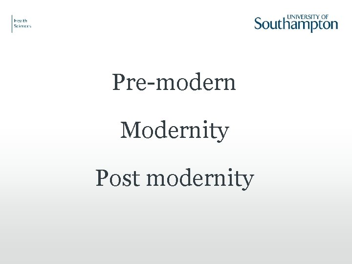 Pre-modern Modernity Post modernity 