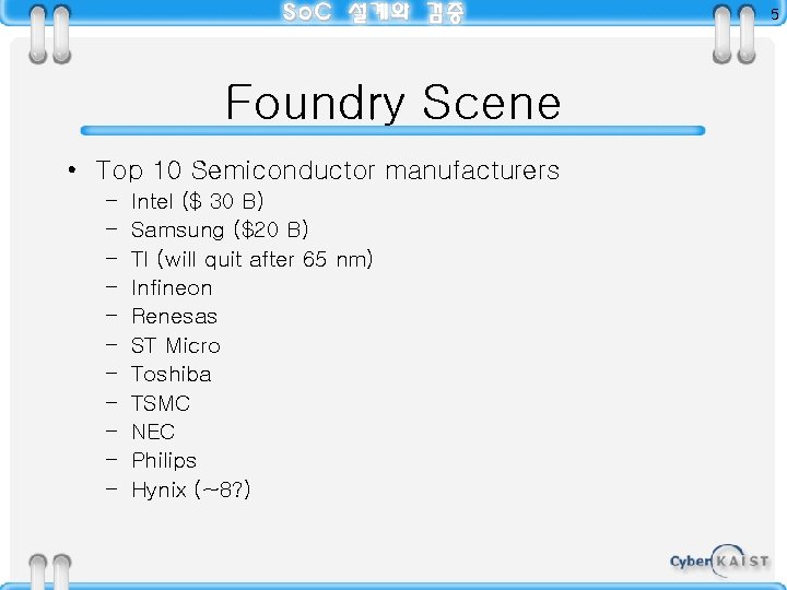 5 Foundry Scene • Top 10 Semiconductor manufacturers – – – Intel ($ 30