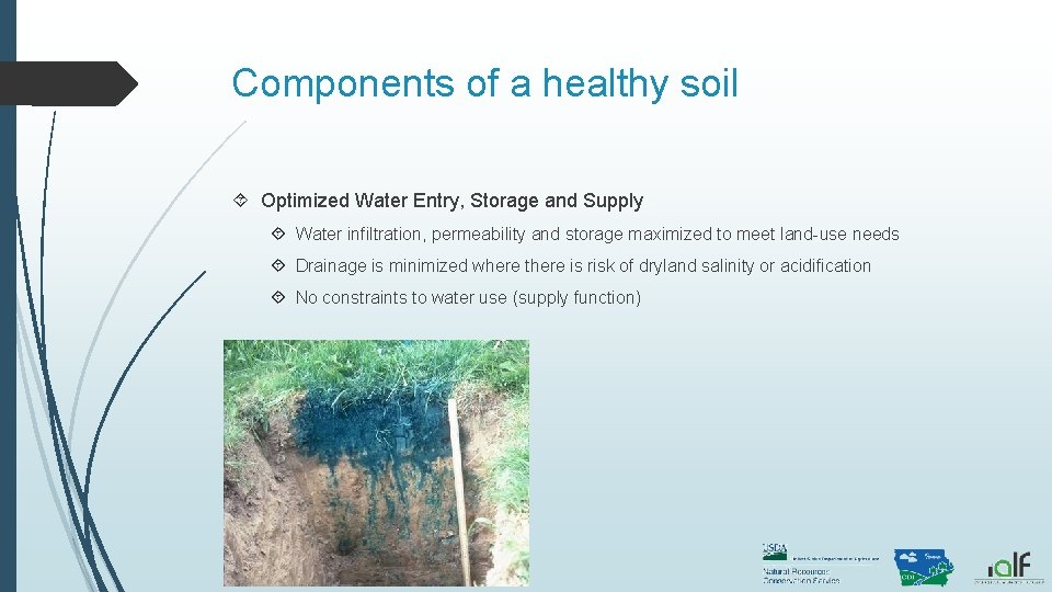 Components of a healthy soil Optimized Water Entry, Storage and Supply Water infiltration, permeability