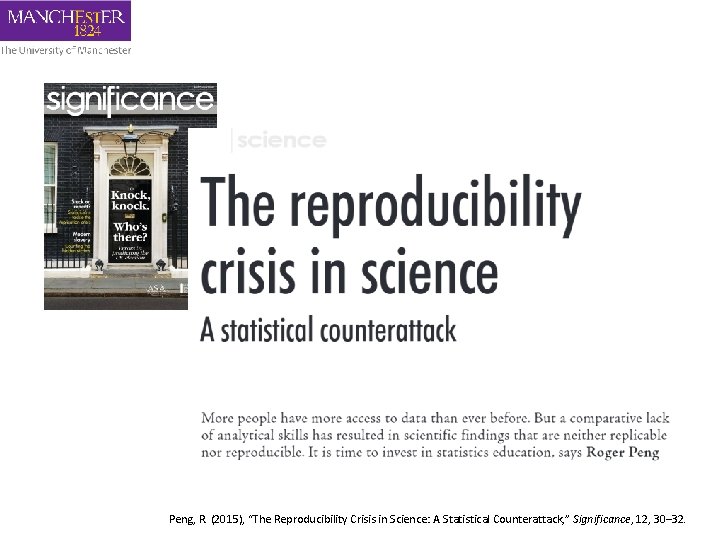 Peng, R. (2015), “The Reproducibility Crisis in Science: A Statistical Counterattack, ” Significance, 12,