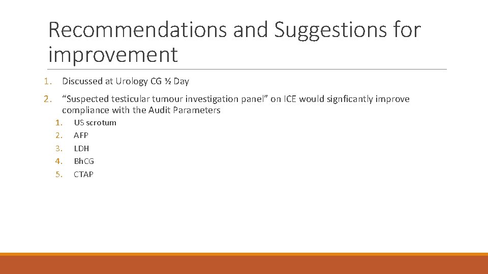 Recommendations and Suggestions for improvement 1. Discussed at Urology CG ½ Day 2. “Suspected