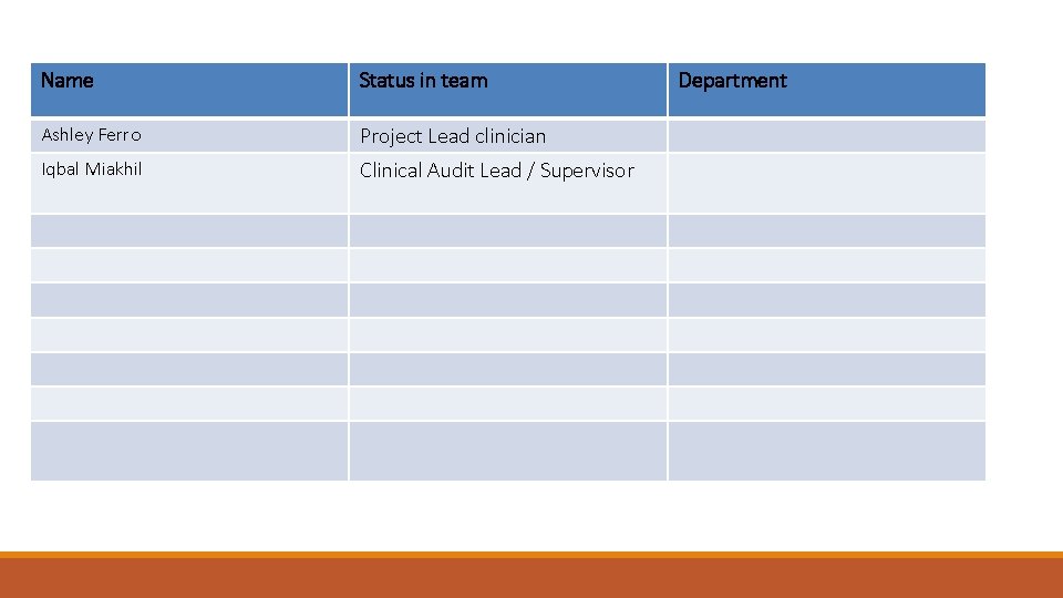 Name Status in team Ashley Ferro Project Lead clinician Iqbal Miakhil Clinical Audit Lead