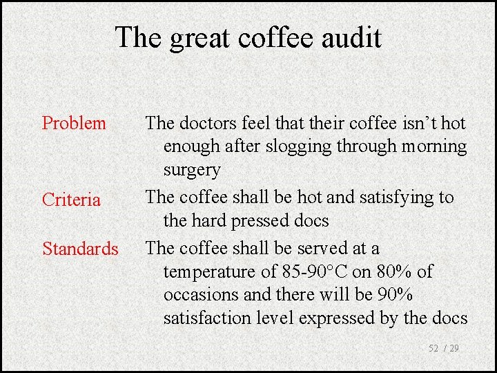 The great coffee audit Problem Criteria Standards The doctors feel that their coffee isn’t