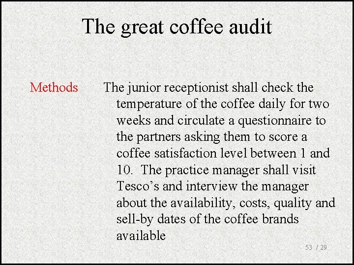 The great coffee audit Methods The junior receptionist shall check the temperature of the