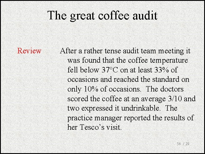 The great coffee audit Review After a rather tense audit team meeting it was