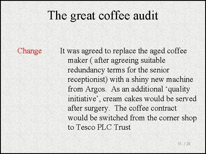 The great coffee audit Change It was agreed to replace the aged coffee maker