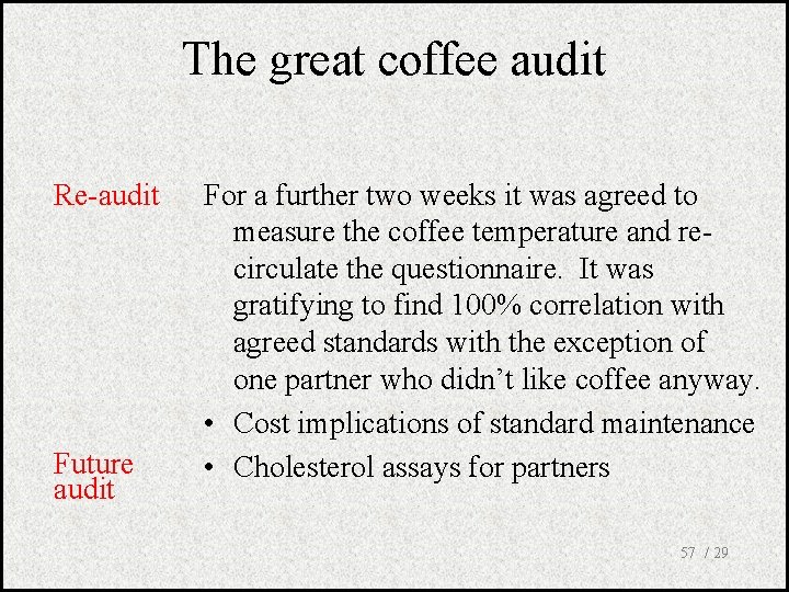 The great coffee audit Re-audit Future audit For a further two weeks it was