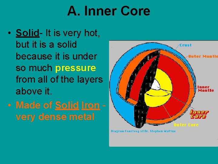 A. Inner Core • Solid- It is very hot, but it is a solid