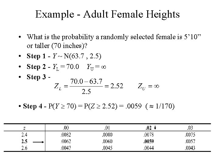 Example - Adult Female Heights • What is the probability a randomly selected female