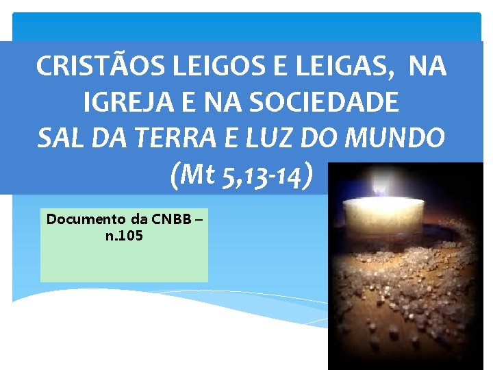 CRISTÃOS LEIGOS E LEIGAS, NA IGREJA E NA SOCIEDADE SAL DA TERRA E LUZ