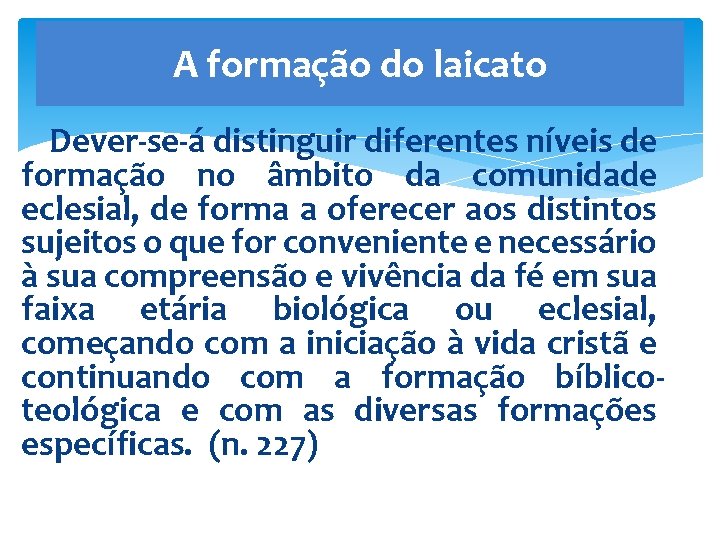 A formação do laicato Dever-se-á distinguir diferentes níveis de formação no âmbito da comunidade