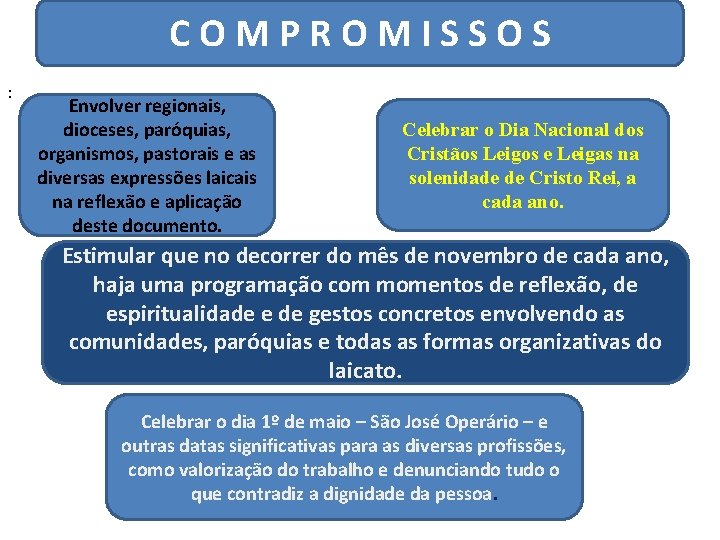 COMPROMISSOS : Envolver regionais, dioceses, paróquias, organismos, pastorais e as diversas expressões laicais na