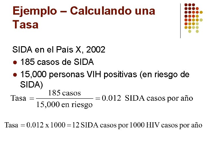 Ejemplo – Calculando una Tasa SIDA en el País X, 2002 ● 185 casos