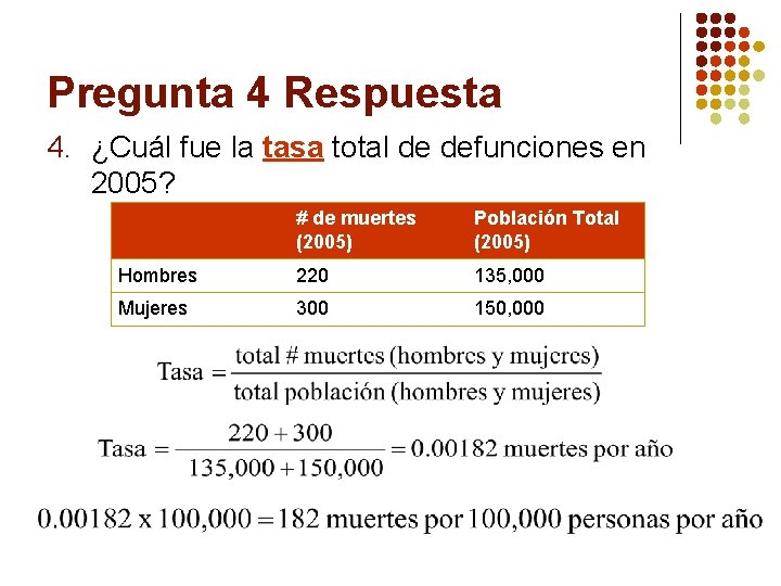 Pregunta 4 Respuesta 4. ¿Cuál fue la tasa total de defunciones en 2005? #