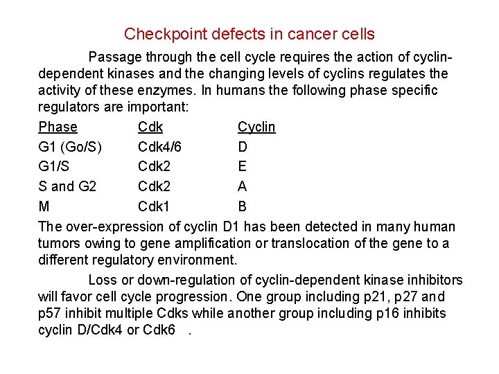 Checkpoint defects in cancer cells Passage through the cell cycle requires the action of