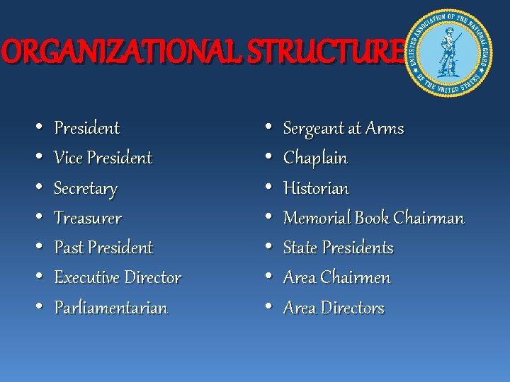 ORGANIZATIONAL STRUCTURE • • President Vice President Secretary Treasurer Past President Executive Director Parliamentarian