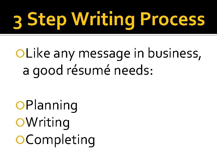 3 Step Writing Process Like any message in business, a good résumé needs: Planning