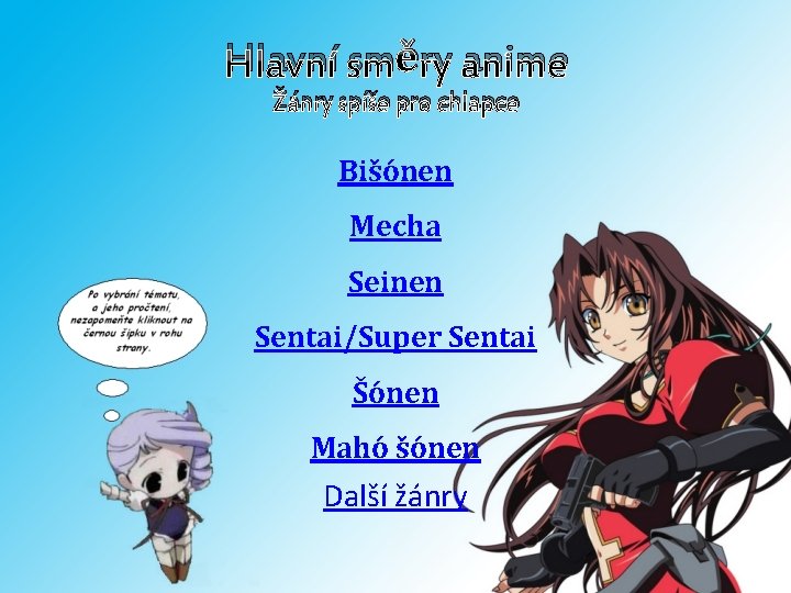 Hlavní směry anime Žánry spíše pro chlapce Bišónen Mecha Seinen Sentai/Super Sentai Šónen Mahó