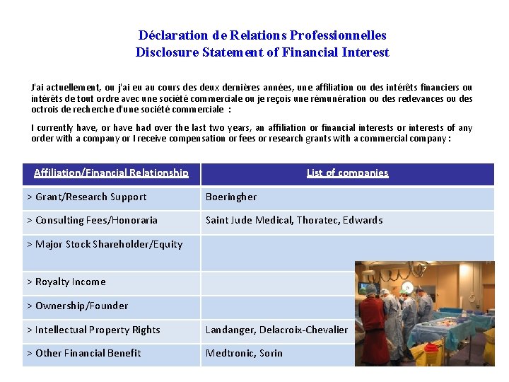 Déclaration de Relations Professionnelles Disclosure Statement of Financial Interest J'ai actuellement, ou j'ai eu