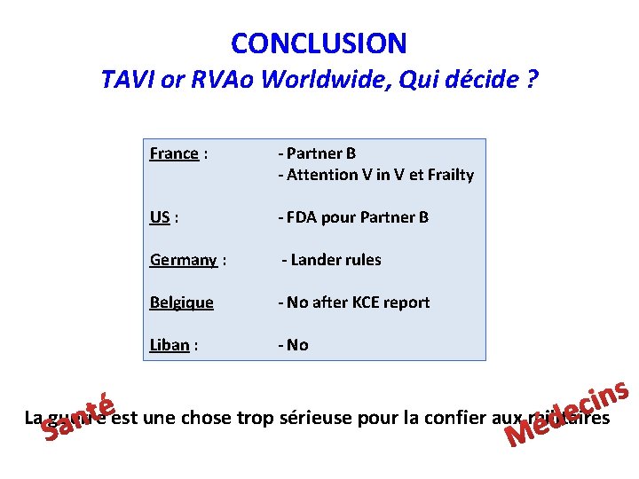 CONCLUSION TAVI or RVAo Worldwide, Qui décide ? France : - Partner B -