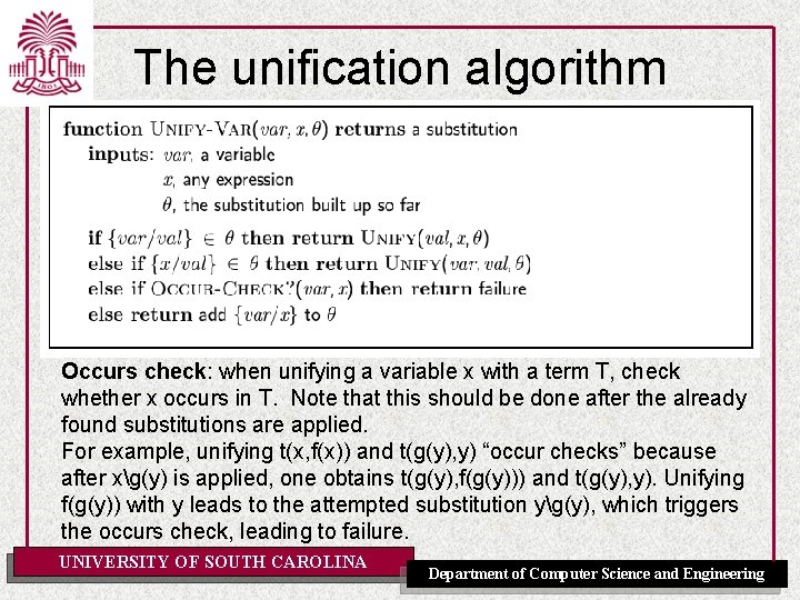 The unification algorithm Occurs check: when unifying a variable x with a term T,