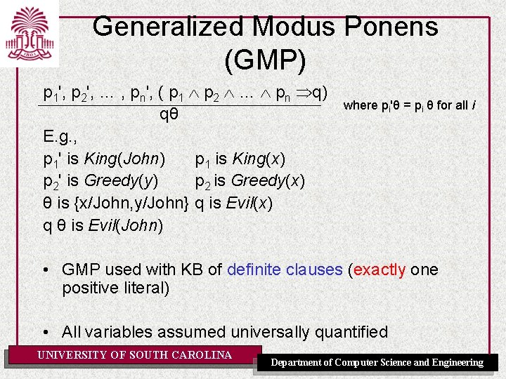 Generalized Modus Ponens (GMP) p 1', p 2', … , pn', ( p 1