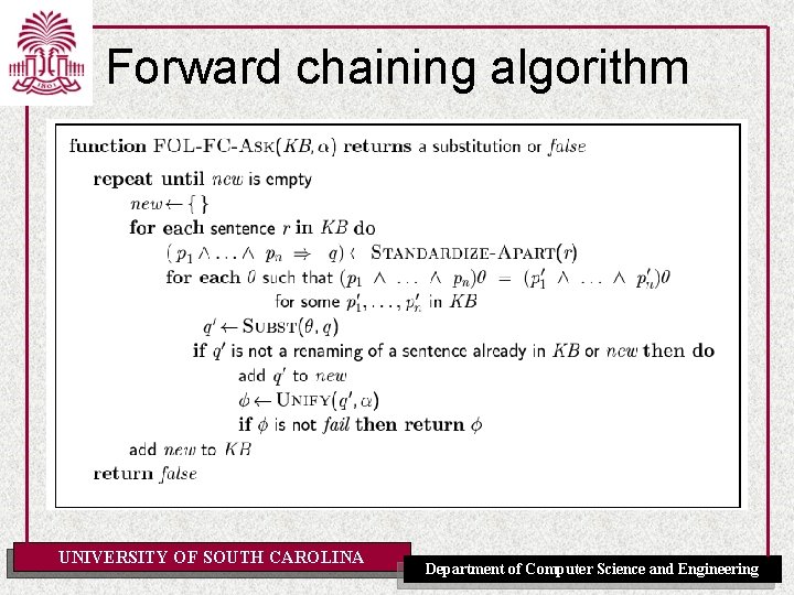 Forward chaining algorithm UNIVERSITY OF SOUTH CAROLINA Department of Computer Science and Engineering 