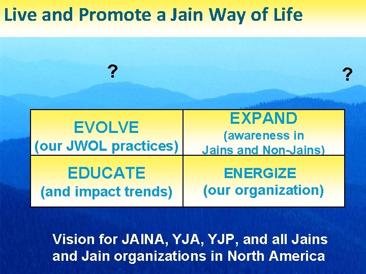 Live and Promote a Jain Way of Life ? EVOLVE (our JWOL practices) EDUCATE