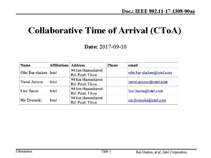 Doc. : IEEE 802. 11 -17 -1308 -00 az Collaborative Time of Arrival (CTo. Doc. : IEEE 802. 11 -17 -1308 -00 az Collaborative Time of Arrival (CTo.