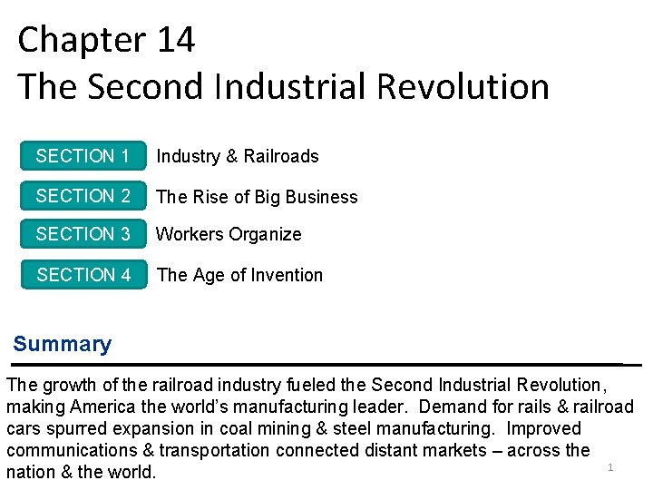 Chapter 14 The Second Industrial Revolution SECTION 1 Industry & Railroads SECTION 2 The