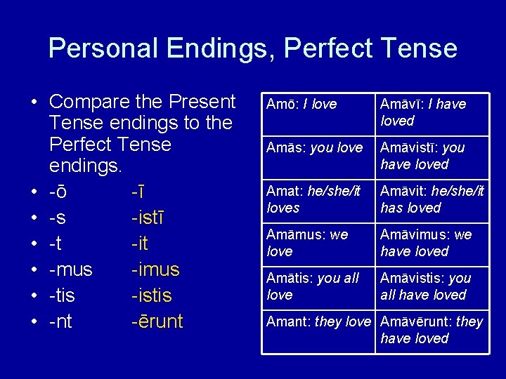 Personal Endings, Perfect Tense • Compare the Present Tense endings to the Perfect Tense