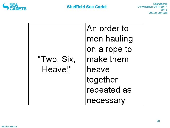 Sheffield Sea Cadet “Two, Six, Heave!" Seamanship Consolidation SM 13 -SM 17 SM 18
