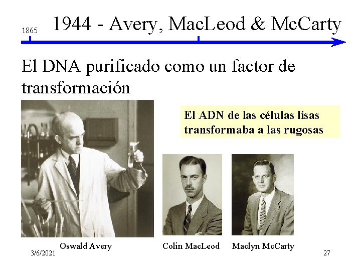 1865 1944 - Avery, Mac. Leod & Mc. Carty El DNA purificado como un 1865 1944 - Avery, Mac. Leod & Mc. Carty El DNA purificado como un
