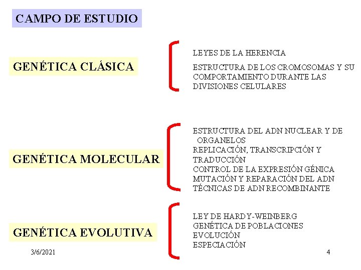 CAMPO DE ESTUDIO LEYES DE LA HERENCIA GENÉTICA CLÁSICA ESTRUCTURA DE LOS CROMOSOMAS Y CAMPO DE ESTUDIO LEYES DE LA HERENCIA GENÉTICA CLÁSICA ESTRUCTURA DE LOS CROMOSOMAS Y
