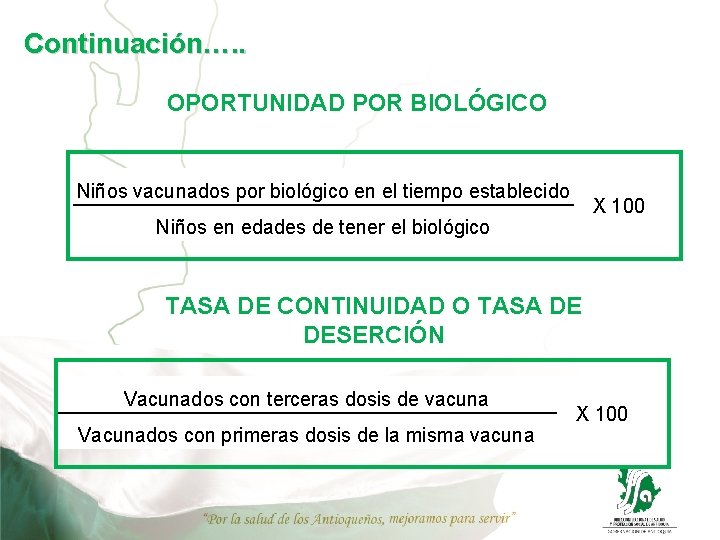 Continuación…. . OPORTUNIDAD POR BIOLÓGICO Niños vacunados por biológico en el tiempo establecido X