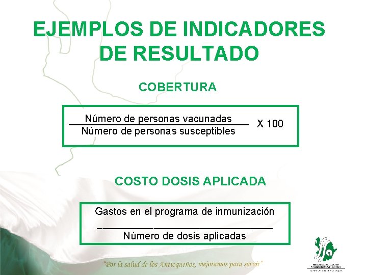 EJEMPLOS DE INDICADORES DE RESULTADO COBERTURA Número de personas vacunadas Número de personas susceptibles