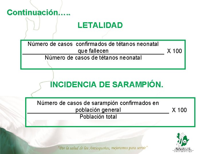 Continuación…. . LETALIDAD Número de casos confirmados de tétanos neonatal que fallecen Número de