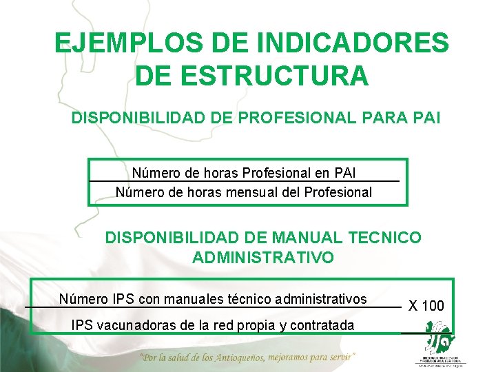 EJEMPLOS DE INDICADORES DE ESTRUCTURA DISPONIBILIDAD DE PROFESIONAL PARA PAI Número de horas Profesional