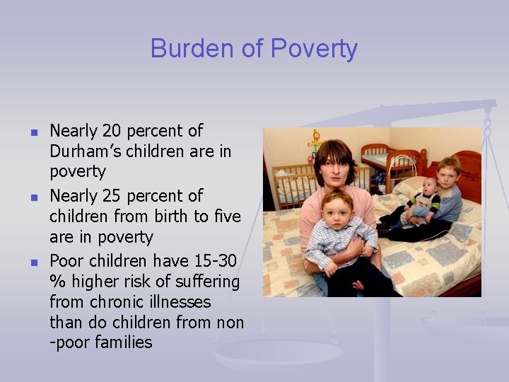 Burden of Poverty n n n Nearly 20 percent of Durham’s children are in